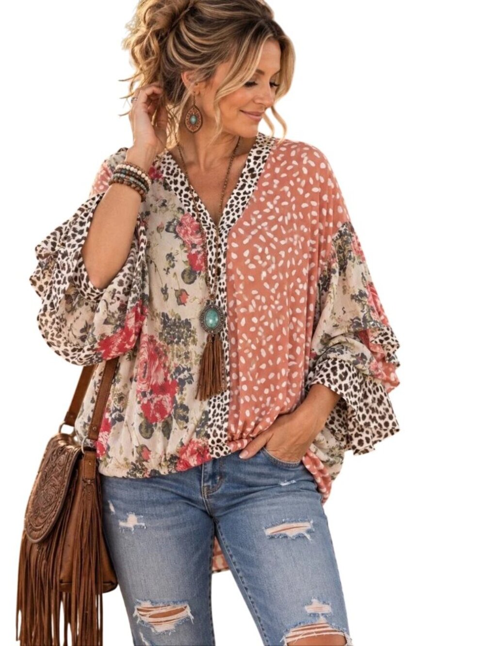 Umgee XL Mixed Print Floral Leopard Boho High Low Blouse